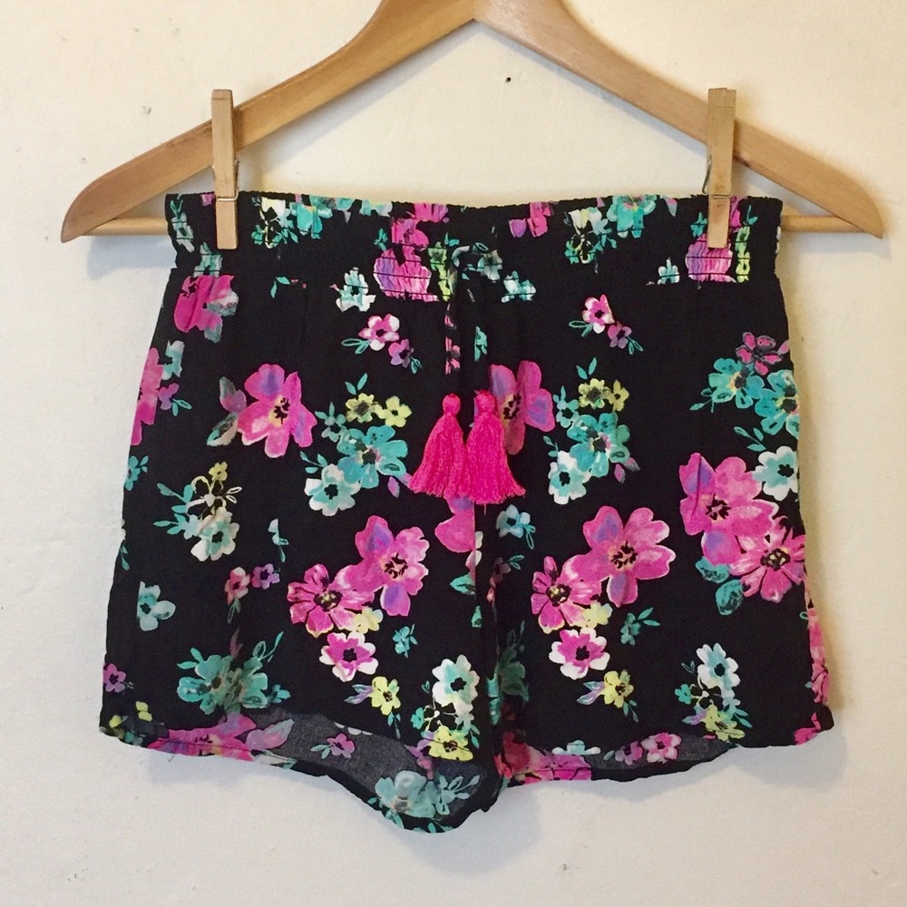 JUSTICE Black Flowered Shorts Elastic Waist